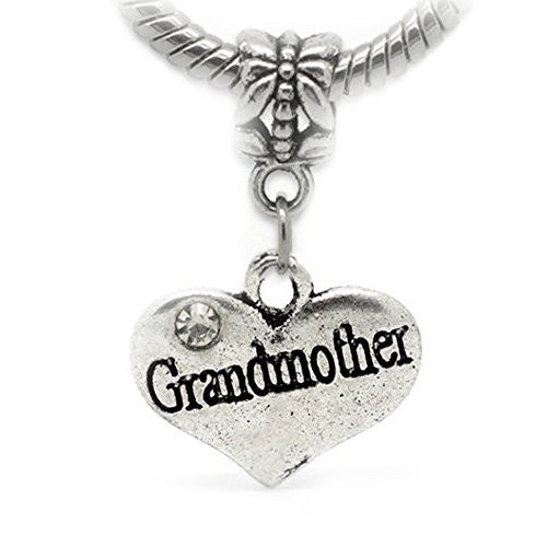 Grandmother 2 Sides Heart Shaped Dangle w/  Crystals Charm European Bead Compatible for Most European Snake Chain Bracelet - Sexy Sparkles Fashion Jewelry