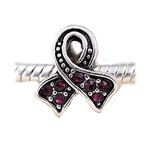 Awareness Ribbon with Purple  Crystals Charm European Bead Compatible for Most European Snake Chain Bracelet - Sexy Sparkles Fashion Jewelry