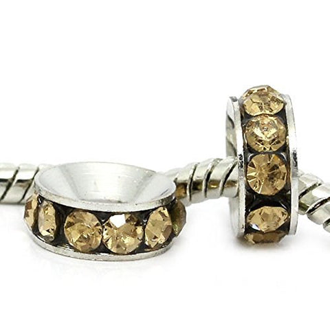 Copper European Charm Rhinestone Rondelle Spacer Beads Round Silver Tone W/Champagne Rhinestone - Sexy Sparkles Fashion Jewelry - 1