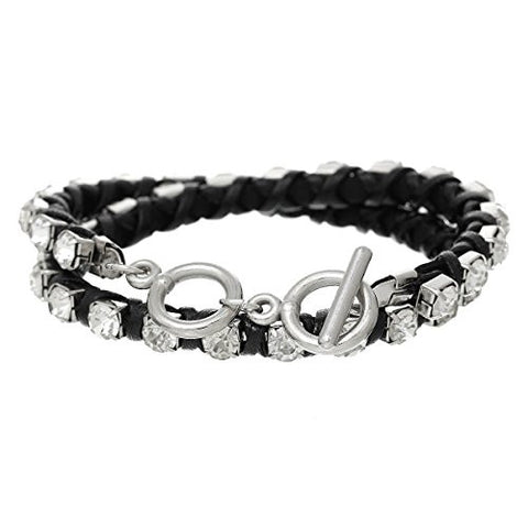 Cowhide Leather Toggle Clasp Bracelet Black Clear Rhinestone 42cm(16 4/8") - Sexy Sparkles Fashion Jewelry - 2