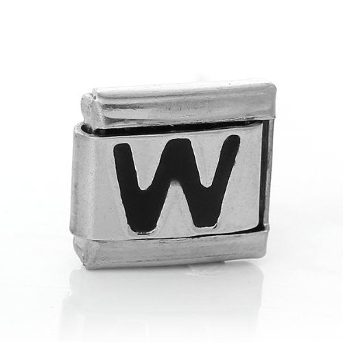 Italian Charm Bracelet Link Square Silver Tone Alphabet Letter (W)