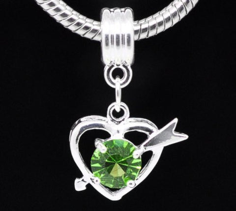 Green Rhinestone Qupid Heart Dangle Charm European Bead Compatible for Most European Snake Chain Bracelet - Sexy Sparkles Fashion Jewelry - 2