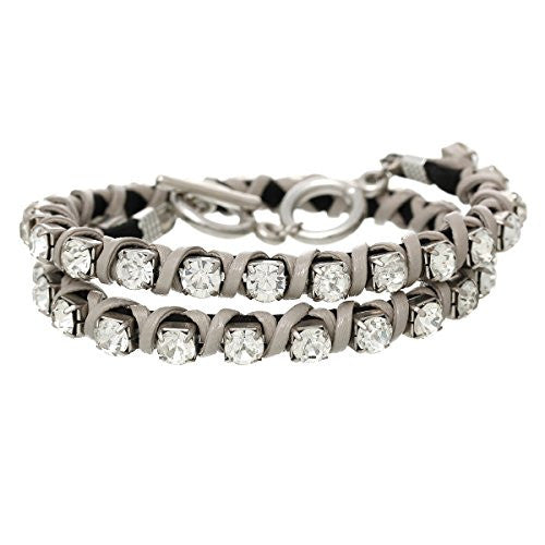 Cowhide Leather Toggle Clasp Bracelet Gray Clear Rhinestone 44cm(17 3/8")