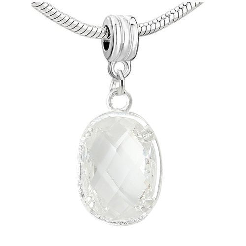 Oval Sparkly Cubic Zircon April Birthstone Dangling Charm European Bead Compatible for Most European Snake Chain Bracelet - Sexy Sparkles Fashion Jewelry