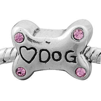 Love Dog Bone Spacer Bead Charm with Pink  Stone For Snake Chain Charm Bracelet - Sexy Sparkles Fashion Jewelry - 2