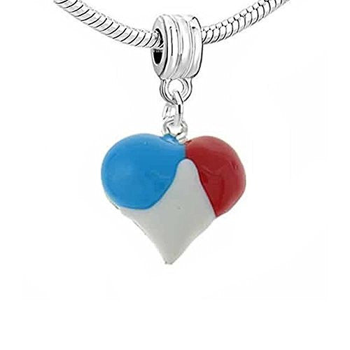 Red,blue and White Enamel Heart Dangle Charm European Bead Compatible for Most European Snake Chain Bracelet