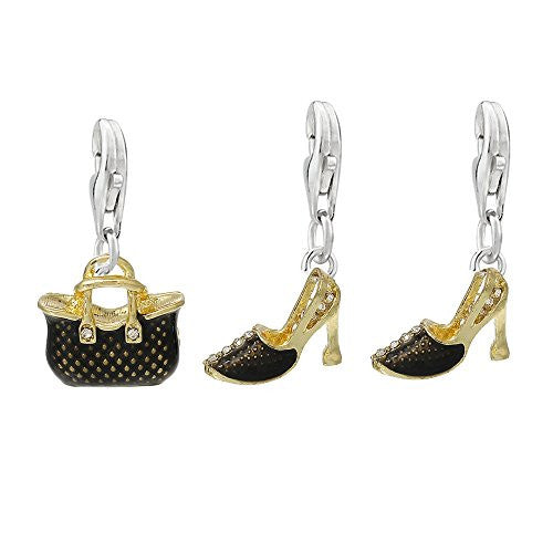 Set of Three (3) Womens Charms Gold Handbag and Pair of High Heels Shoes Clip on Pendants for European Charm Jewelry - Sexy Sparkles Fashion Jewelry
