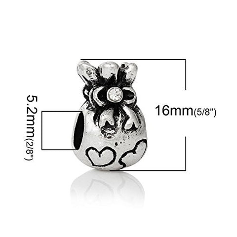 Money Bag w/ Hearts and Clear Crystals European Bead Compatible for Most European Snake Chain Bracelet - Sexy Sparkles Fashion Jewelry - 3