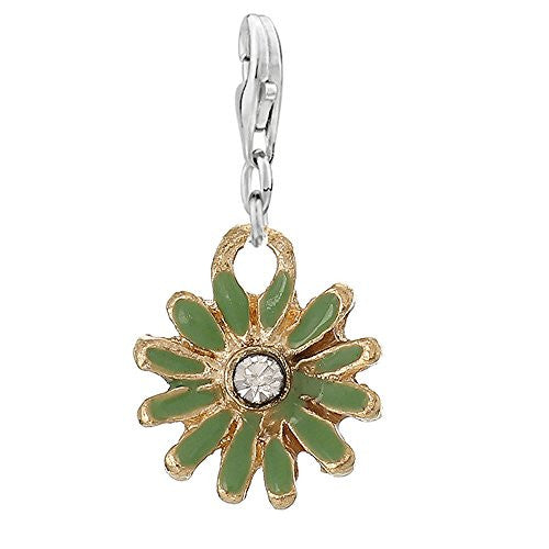 Clip on Green Daisy Flower Silver Tone Charm Pendant for European Jewelry w/ Lobster Clasp