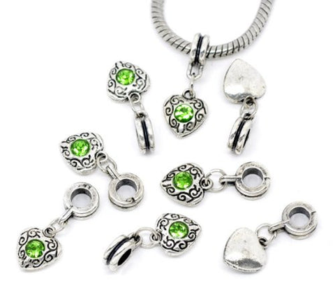 Heart August Green Rhinestone Dangle Charms for Snake Chain Bracelet Charms - Sexy Sparkles Fashion Jewelry - 2