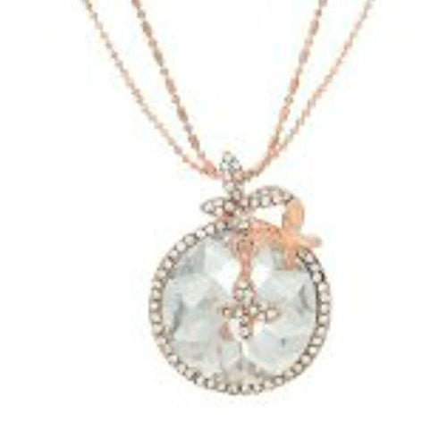 Rose Gold Tone Ball Chain Necklace Round Pendant Butterfly w/ Clear Rhinestones and Lobster Clasp - Sexy Sparkles Fashion Jewelry - 1