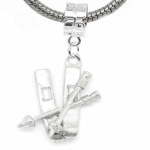 Snow Skis and Poles European Bead Compatible for Most European Snake Chain Bracelet