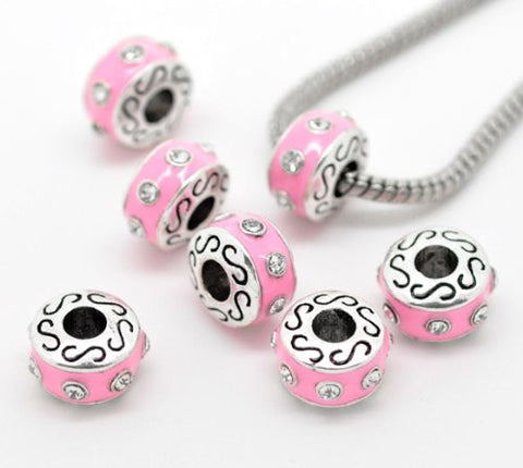 Pink Enamel Rhinestone Spacer Bead Compatible with European Snake Chain Charm Bracelets - Sexy Sparkles Fashion Jewelry - 2