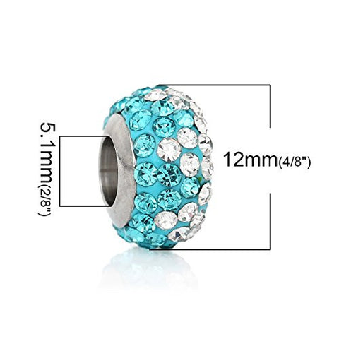 Stainless Steel European Style Charm Beads Round Silver Tone With Light Blue & Clear Rhinestone - Sexy Sparkles Fashion Jewelry - 3