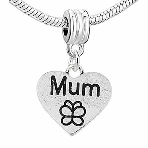 Mum Charm with Butterfly Carved Dangle European Bead Compatible for Most European Snake Chain Bracelet