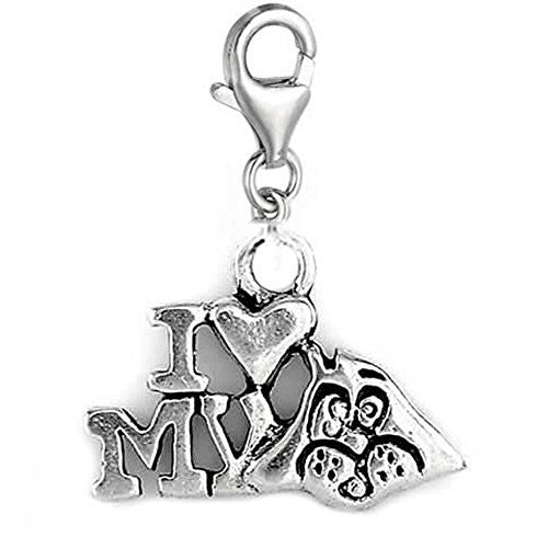 Clip on I Love My Dog Dangle Charm Pendant for European Clip on Charm Jewelry w/ Lobster Clasp