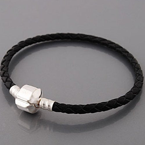 8.5" Genuine Leather Black Bracelet fits European Charms Compatible