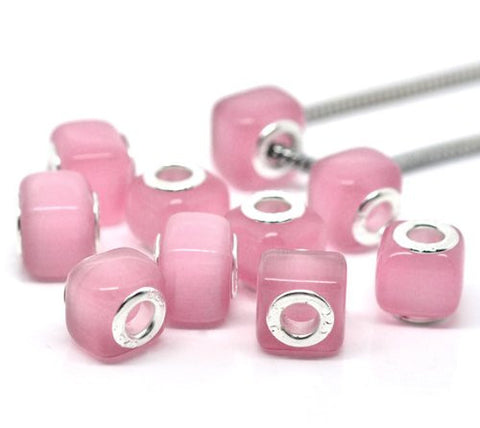 Pink Cats Eye Glass Cube European Bead Compatible for Most European Snake Chain Bracelet - Sexy Sparkles Fashion Jewelry - 2