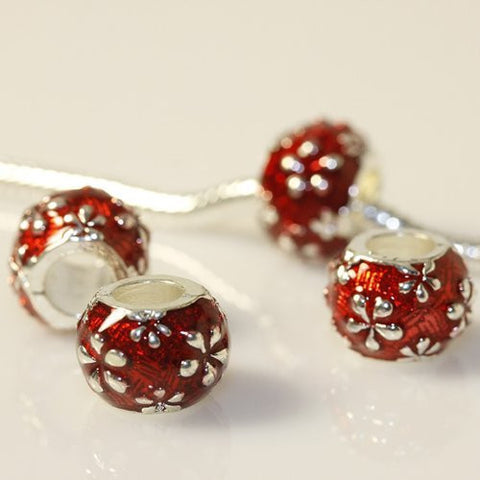 Barrel Charm with Red Enamel Flowers for snake Chain charm Bracelet - Sexy Sparkles Fashion Jewelry - 2