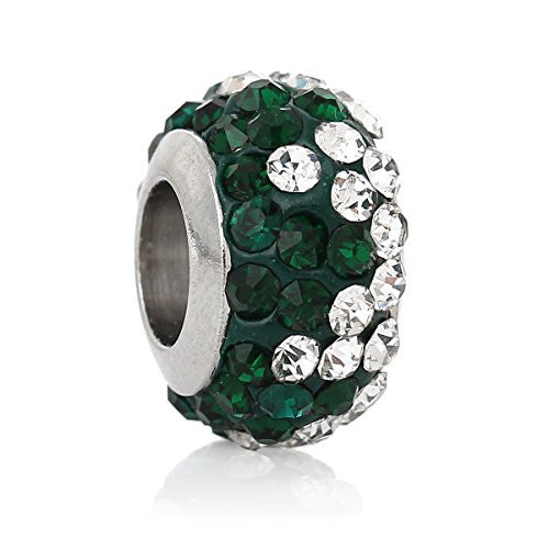 Stainless Steel European Style Charm Beads Round Silver Tone With Dark Green & Clear Rhinestone