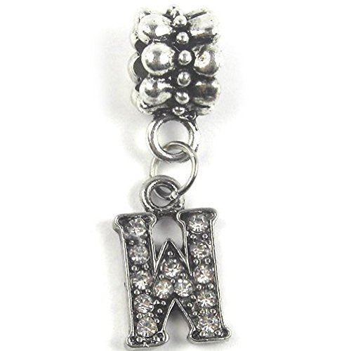 "W" Letter Dangle Charm Beads with Crystals for Snake Chain Charm Bracelet