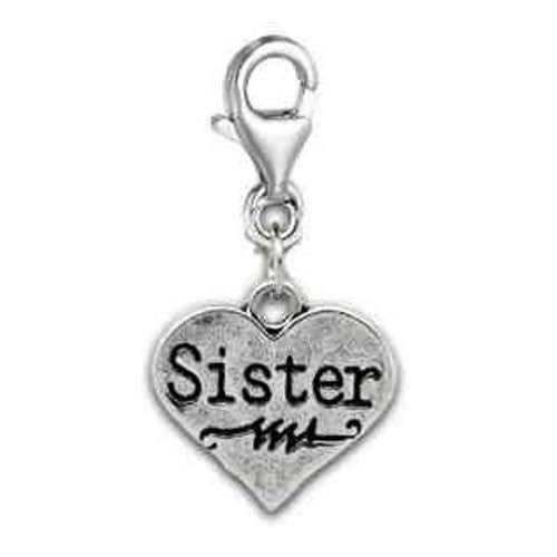 Clip on Sister on Heart Charm Pendant for European Jewelry w/ Lobster Clasp