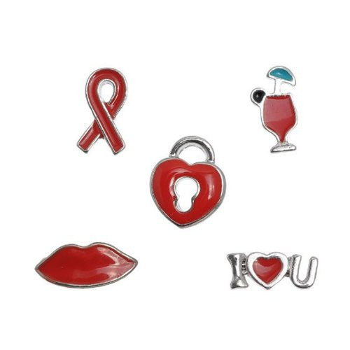 Set of 5 Floating Locket Charms (I Love You,heart Lock,lip/kiss,awareness Ribbon & Glass Drink)