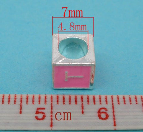 "T" Letter Square Charm Beads Pink Enamel European Bead Compatible for Most European Snake Chain Charm Bracelet - Sexy Sparkles Fashion Jewelry - 3