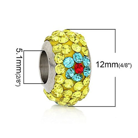 Stainless Steel European Style Charm Beads Round Silver Tone With Yellow Blue & Red Rhinestone - Sexy Sparkles Fashion Jewelry - 3