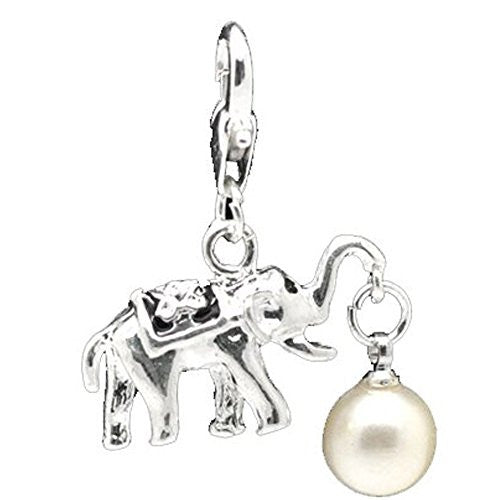 Clip on Elephant with White Imitation Pearl Charm for European Jewelry w/ Lobster Clasp