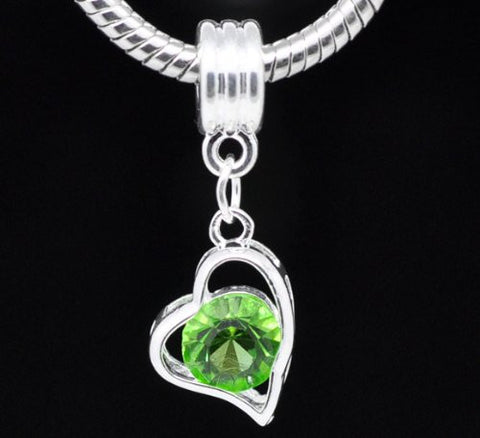 August Birthstone Heart with Light Green rhinestone charm for European Snake chain charm bracelet - Sexy Sparkles Fashion Jewelry - 2