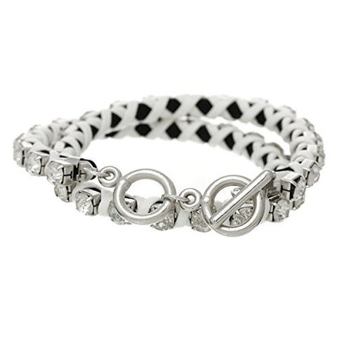 Cowhide Leather Toggle Clasp Bracelet White Clear Rhinestone 42cm(16 4/8") long - Sexy Sparkles Fashion Jewelry - 2