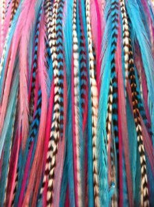 7-11 Gorgeous Light Pink Grizzly ,Turqoise,blue, White & Origianl Grizzly Feather for Hair Extension-5 Feathers