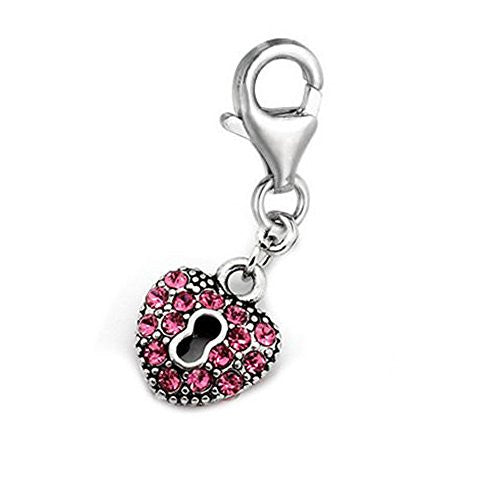 Clip on Heart Lock Hot Pink Charm Pendant for European Jewelry w/ Lobster Clasp