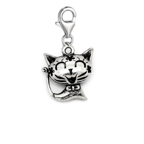 Clip on Happy Cat Charm Pendant for European Jewelry w/ Lobster Clasp