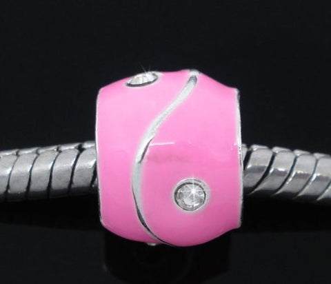 Pink Rhinestone Enamel Silver Tone Bead Charm Spacer for Snake Chain Bracelets - Sexy Sparkles Fashion Jewelry - 2