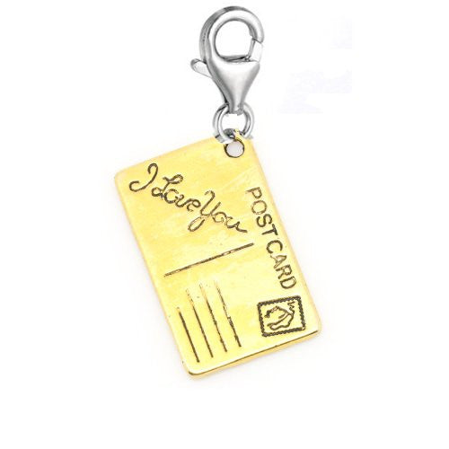 Clip on I Love You Postcard Charm Gold Tone Pendant for European Jewelry w/ Lobster Clasp - Sexy Sparkles Fashion Jewelry