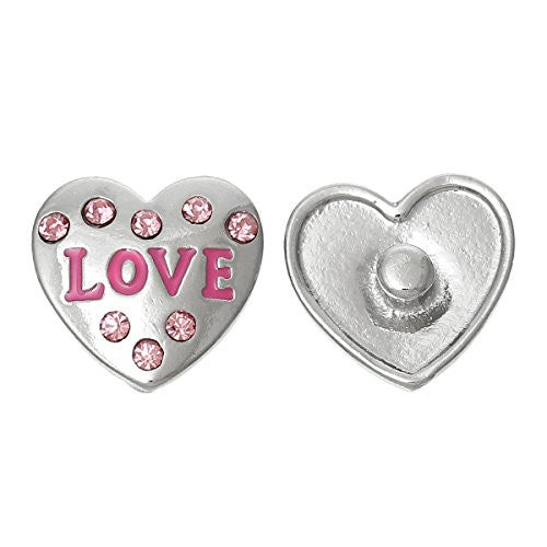 Chunk Snap Jewelry Button Heart Silver Tone Fit Chunk Bracelet Pink Rhinestone "Love" Pattern - Sexy Sparkles Fashion Jewelry - 1