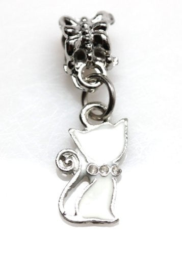 White Cat Dangle European Bead Compatible for Most European Snake Chain Charm Bracelet