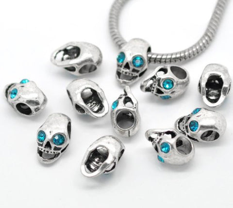 Human Face Skull with Blue Rhinestones Charm Spacer European Bead Compatible for Most European Snake Chain Bracelet - Sexy Sparkles Fashion Jewelry - 2