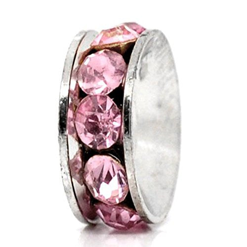 Silver Tone Pink Rhinestone Rondelle Spacer Beads Fit European Bracelet - Sexy Sparkles Fashion Jewelry - 1