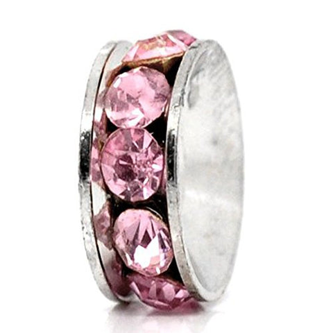 Silver Tone Pink Rhinestone Rondelle Spacer Beads Fit European Bracelet - Sexy Sparkles Fashion Jewelry - 1