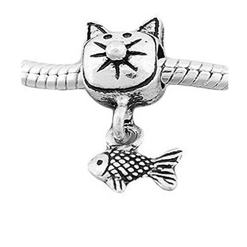 Cat with Fish Dangle charm Spacer European Bead Compatible for Most European Snake Chain Bracelet - Sexy Sparkles Fashion Jewelry