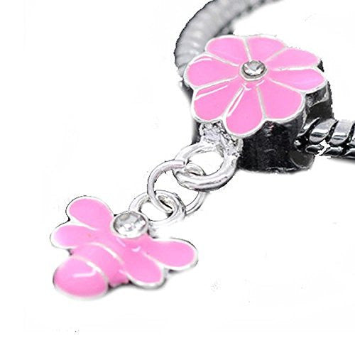 Pink Enamel Flower Bail with Bee Dangle Charm Charm European Bead Compatible for Most European Snake Chain Bracelet. - Sexy Sparkles Fashion Jewelry - 1