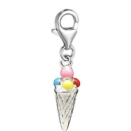 Clip on Ice Cream Cone Charm Pendant for European Jewelry w/ Lobster Clasp