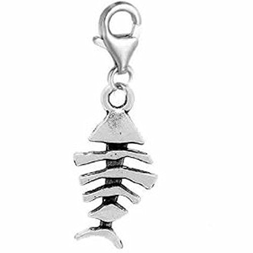 Clip on Fish Bone Charm Pendant for European Jewelry w/ Lobster Clasp