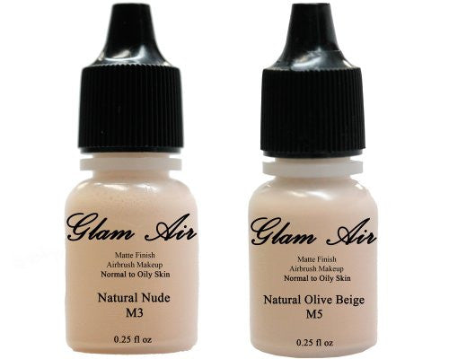 Airbrush Makeup Foundation Matte M3 Natural Nude and M5 Natural Olive Beige Water-based Makeup Lasting All Day 0.25 Oz Bottle By Glam Air