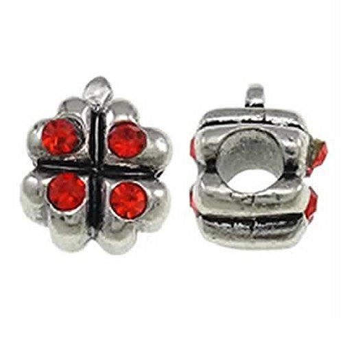 Four Leaf Clover with Red Crytals Charm European Bead Compatible for Most European Snake Chain Bracelet