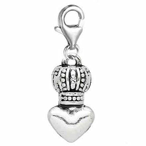 Clip on Crown on Heart Charm Pendant for European Jewelry w/ Lobster Clasp