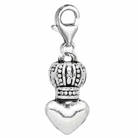 Clip on Crown on Heart Charm Pendant for European Jewelry w/ Lobster Clasp - Sexy Sparkles Fashion Jewelry - 1